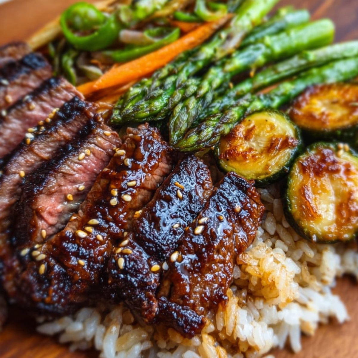 A wooden bowl filled with white rice, seared steak slices topped with sesame seeds and green onions, sautéed mushrooms, broccoli, zucchini, snap peas, and red bell peppers.
