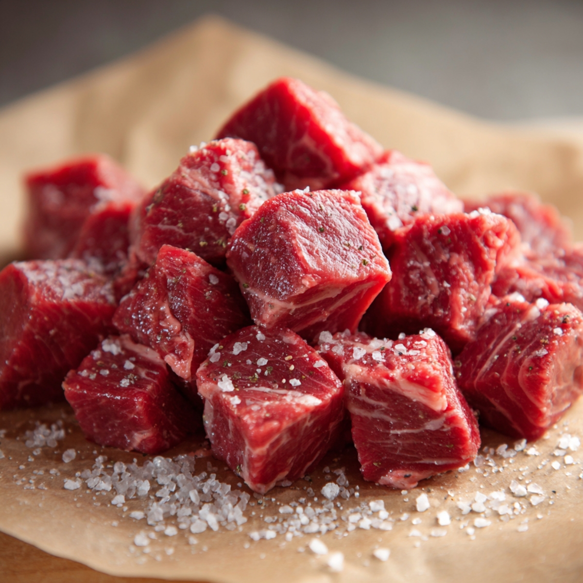 Seasoned raw steak cubes – Freshly cut raw steak cubes sprinkled with coarse salt and black pepper on brown parchment paper.