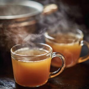 Two cups of steaming hot cider or water are placed on a countertop, with a pot in the background, suggesting they are being prepared for a warm drink recipe.