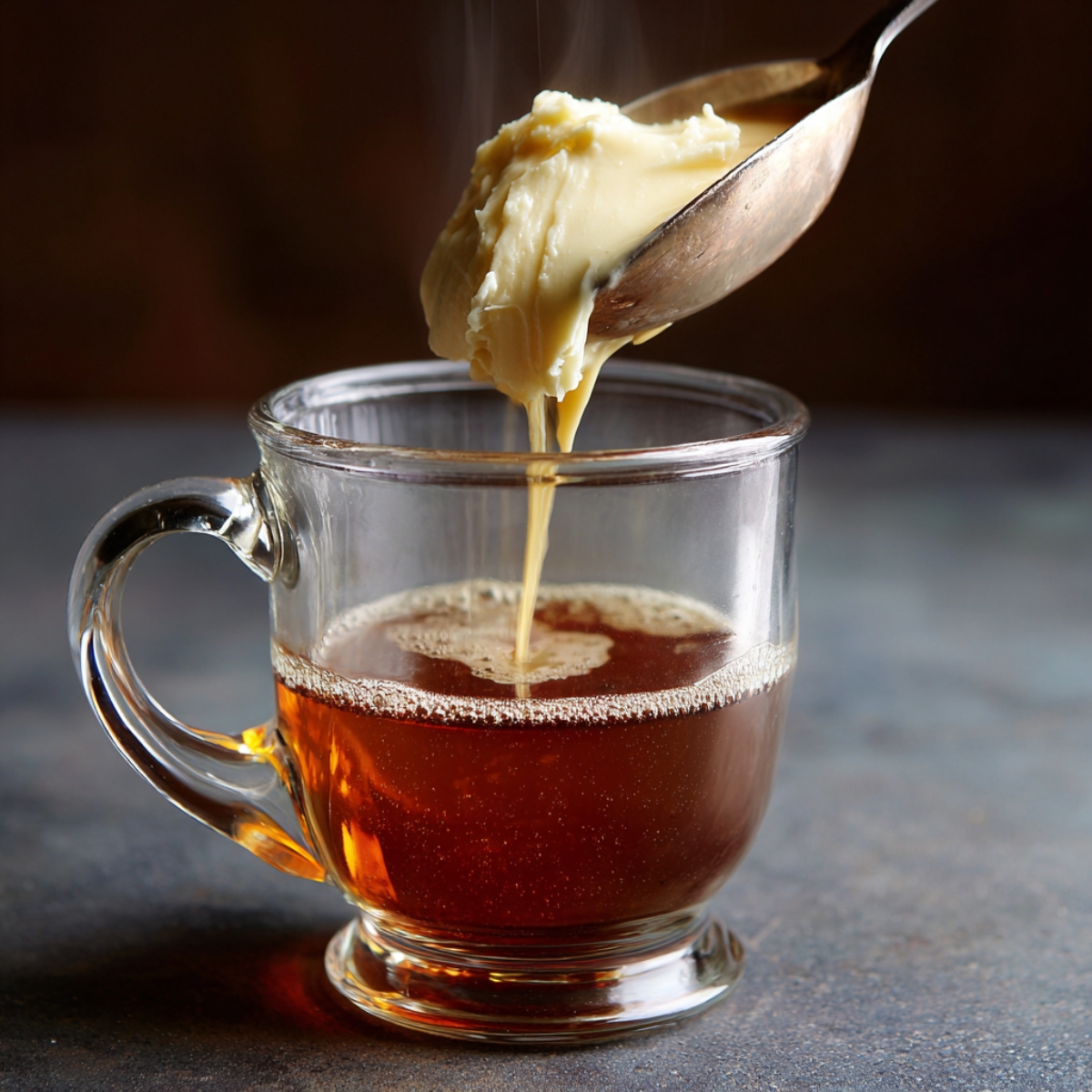 A hand adds a dollop of butter into a hot drink, likely hot buttered rum, in a clear glass mug, with steam rising from the drink.