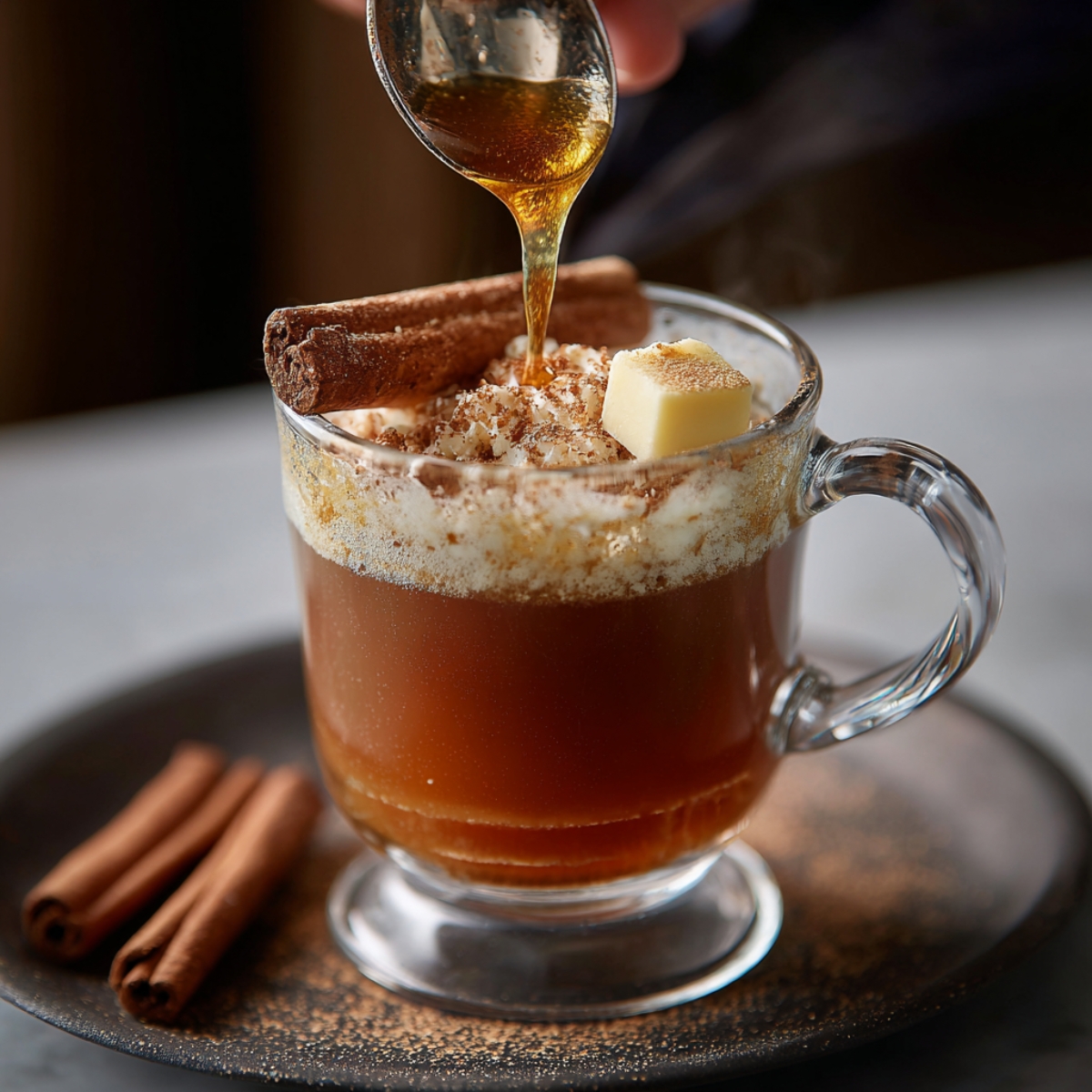 A hand pours a dark syrupy substance, possibly maple syrup or honey, into a glass of hot buttered rum, garnished with cinnamon sticks and grated nutmeg.