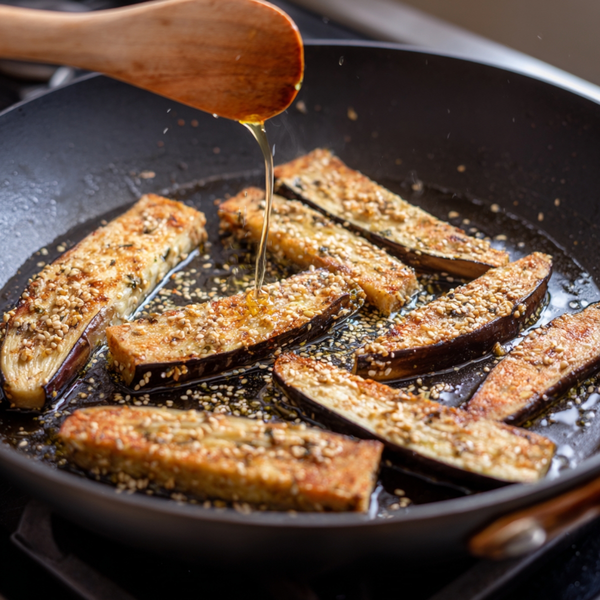 Eggplant wedges being pan-fried with sesame seeds while oil is drizzled over them.