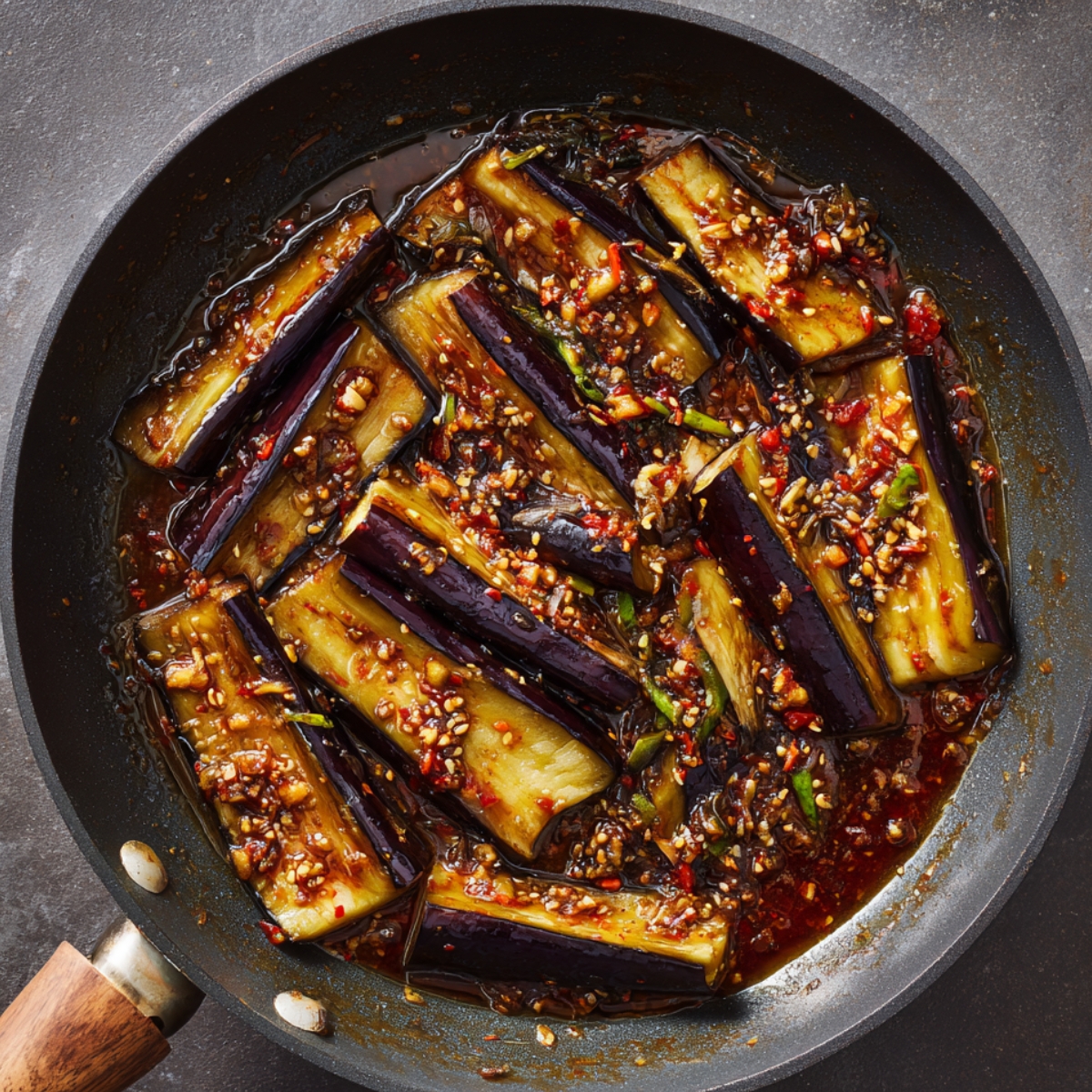 Eggplant slices simmering in a frying pan with a spicy garlic-chili sesame sauce.