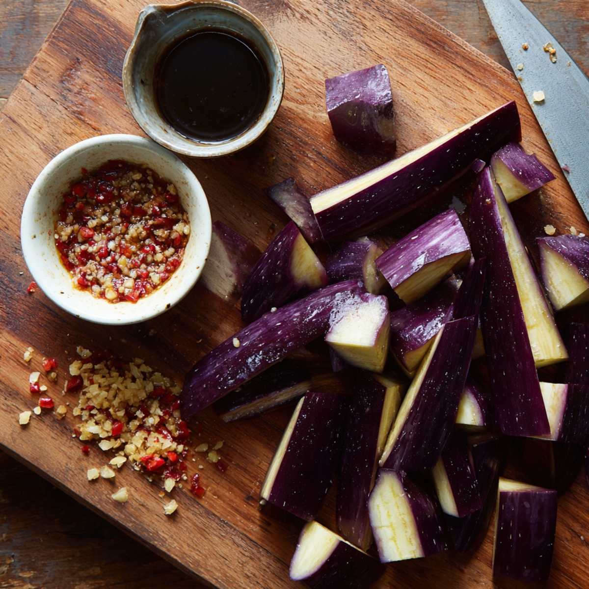Chopped raw eggplant pieces on a wooden board with bowls of garlic-chili sauce and soy sauce.