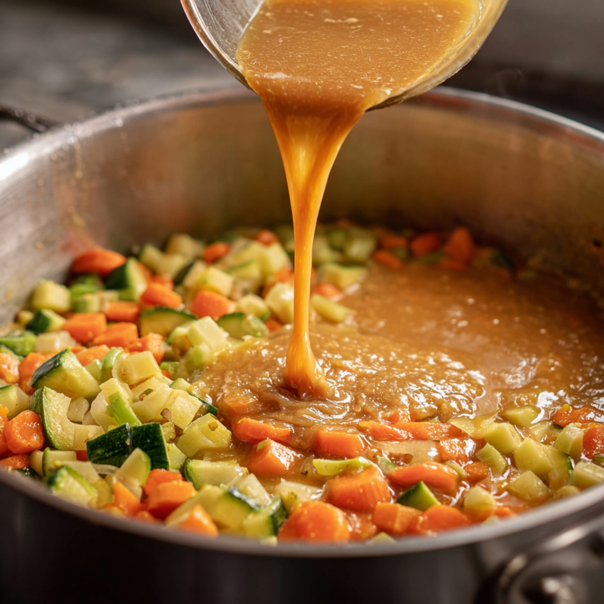 Curry roux being poured into a pot of diced vegetables including carrots and zucchini during the cooking process.