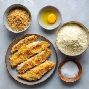 Preparation of katsu cutlets: raw breaded chicken fillets on a plate, surrounded by ingredients including an egg, breadcrumbs, grated cheese, and a bowl of salt, all placed on a light surface.