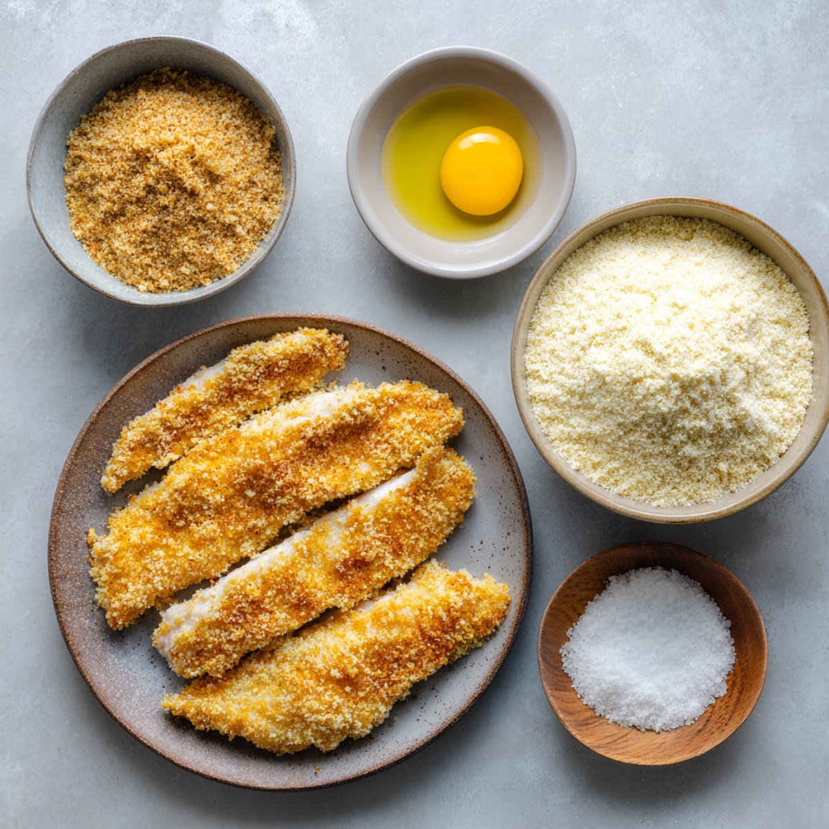 Preparation of katsu cutlets: raw breaded chicken fillets on a plate, surrounded by ingredients including an egg, breadcrumbs, grated cheese, and a bowl of salt, all placed on a light surface.