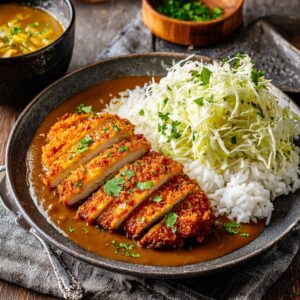 A plate of Japanese Katsu Curry Recipe served with sliced crispy breaded chicken cutlet, shredded cabbage, and steamed white rice, garnished with fresh parsley. A bowl of curry sauce is visible in the background.