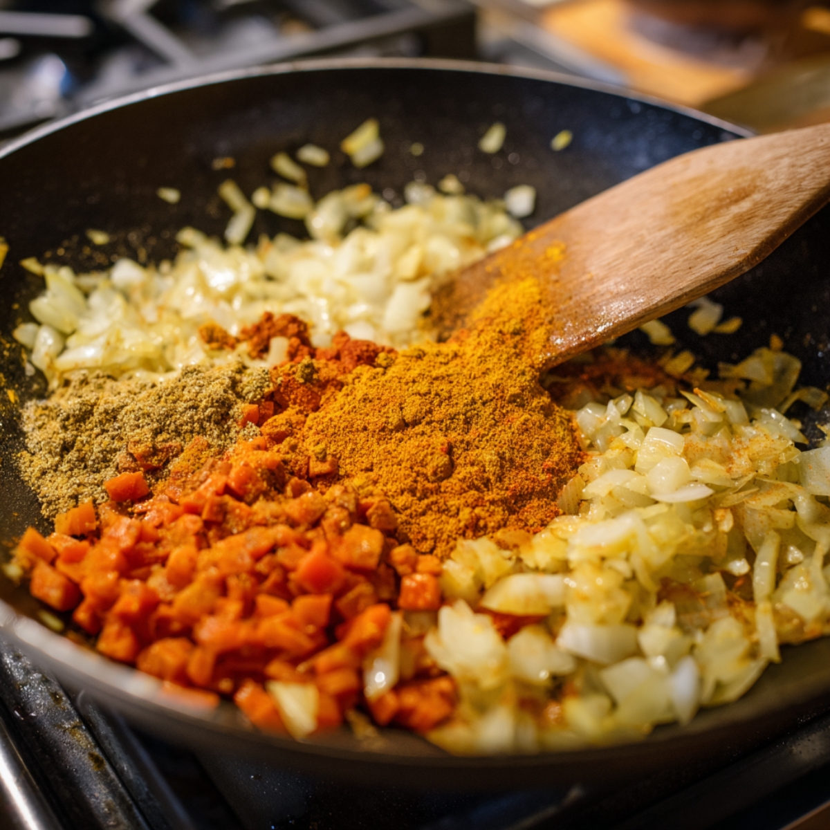 Chopped onions, diced carrots, and a blend of curry spices being sautéed in a skillet, with a wooden spatula stirring the mixture.