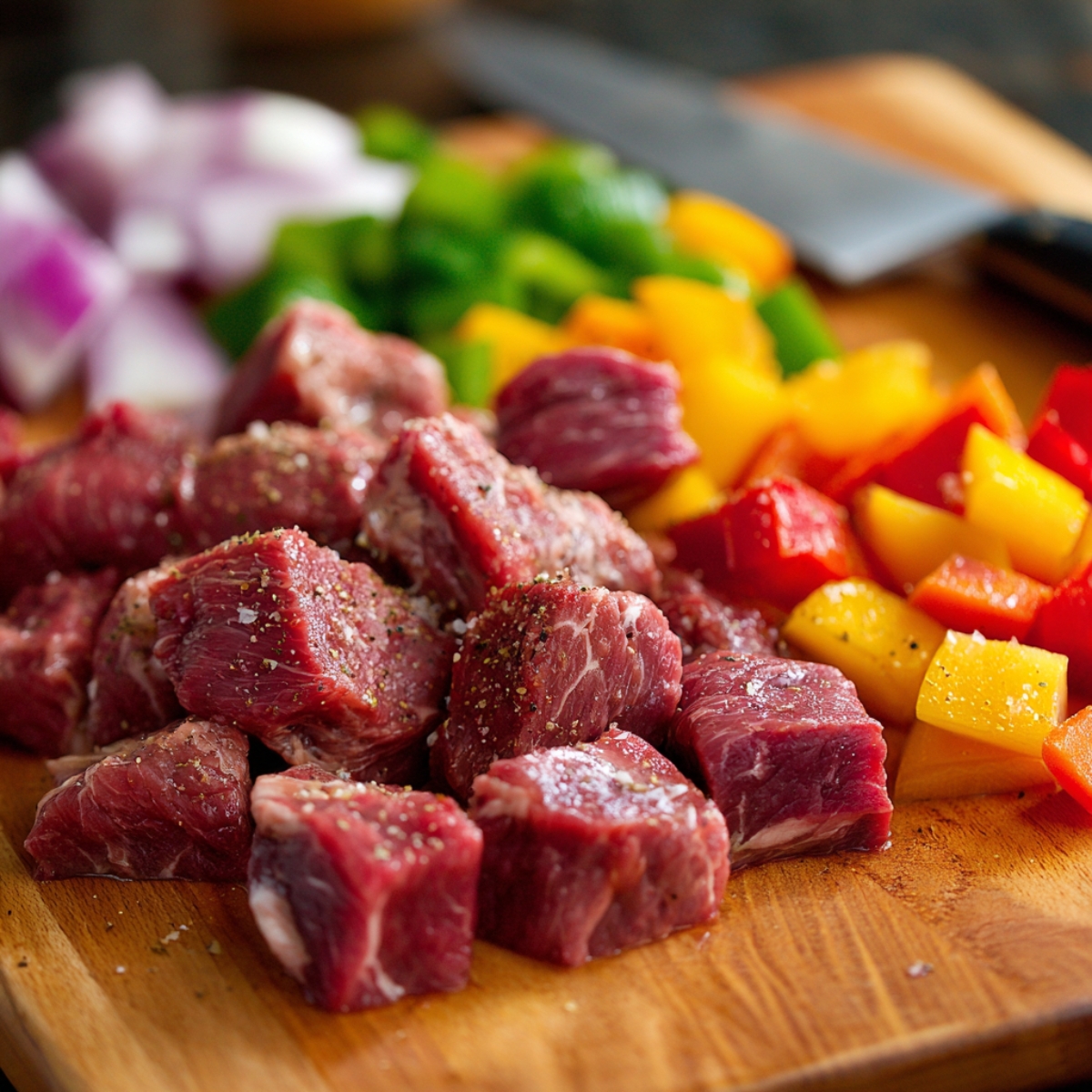 Prepare for cooking by cutting the beef into 2-inch cubes and seasoning it