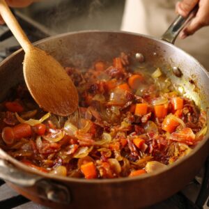 "Next, sauté the onions and carrots in the same pot to develop flavor before adding the liquids.
