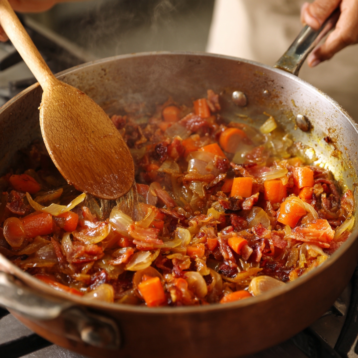"Next, sauté the onions and carrots in the same pot to develop flavor before adding the liquids.