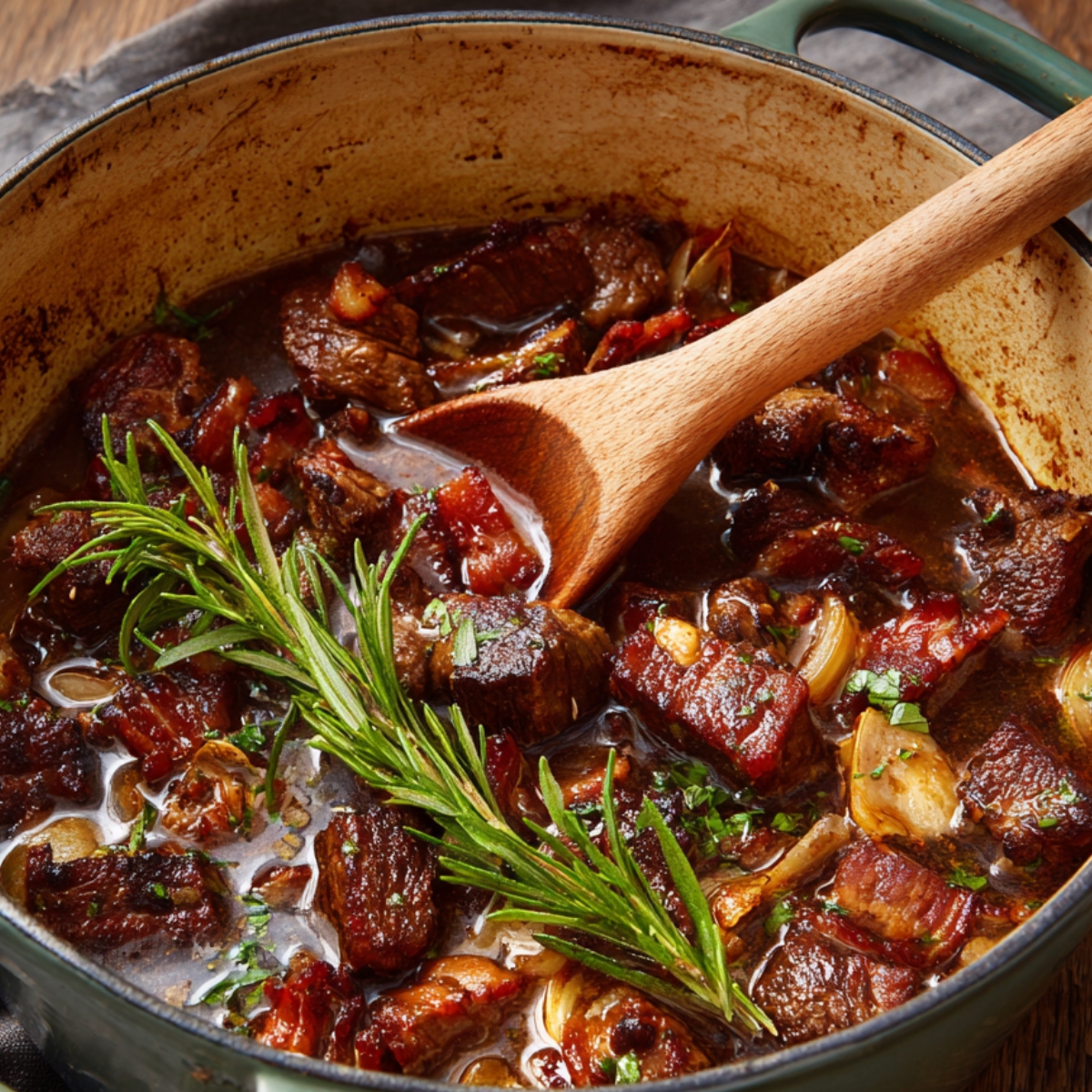 Return the browned beef and crispy bacon to the pot with vegetables and broth for braising
