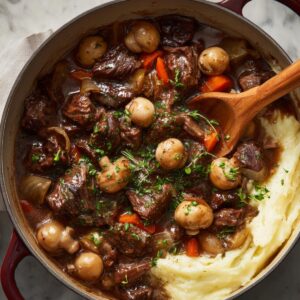 Once the braising is nearly done, serve the Beef with mashed potatoes and garnish with fresh herbs.
