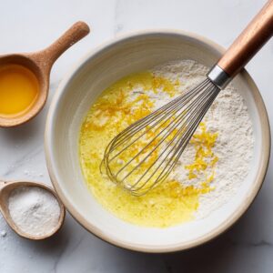 Mixing bowl with flour, lemon zest, and melted butter being whisked together, with small bowls of egg yolk and sugar nearby.