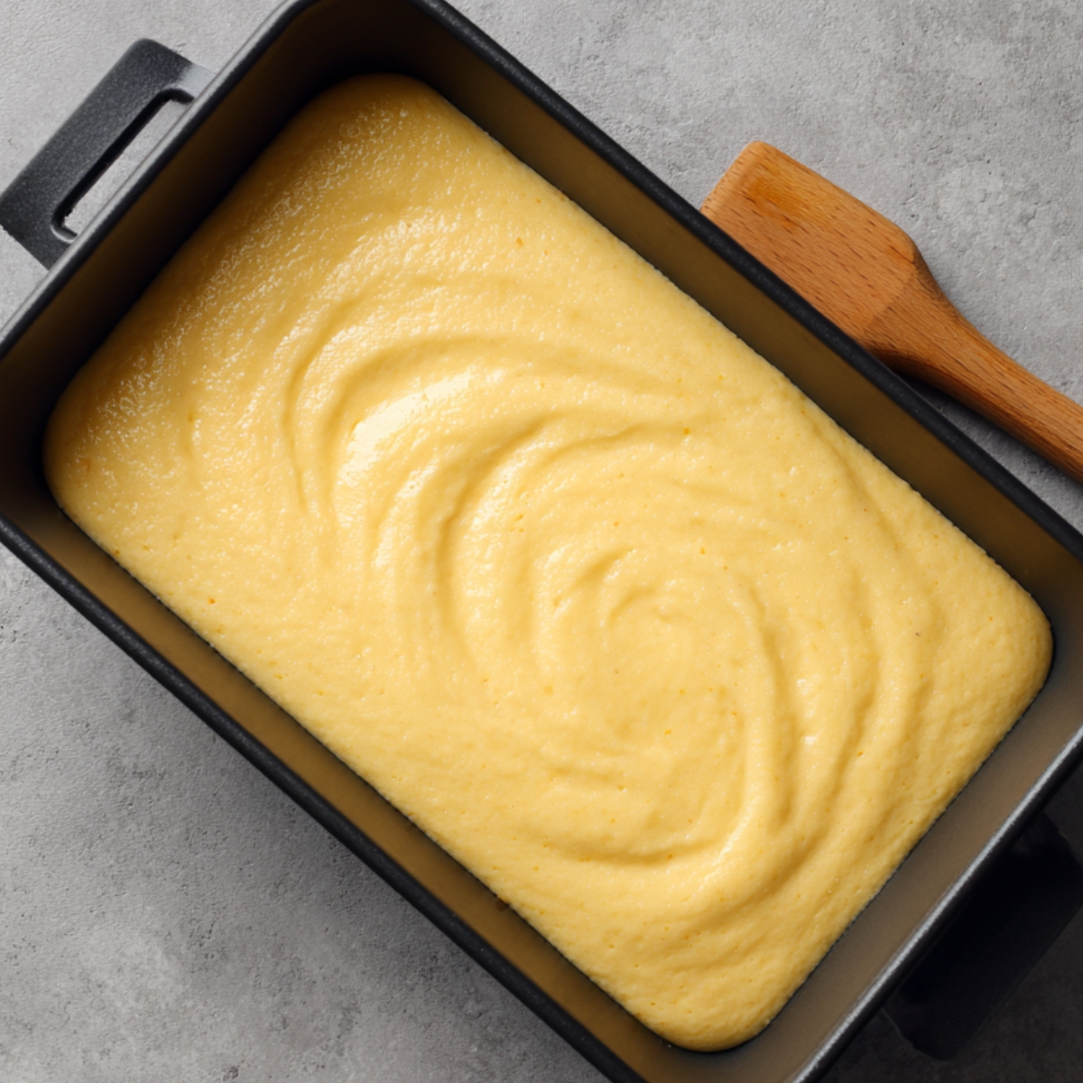 Smooth yellow cake batter spread evenly in a rectangular baking pan with a spatula beside it.
