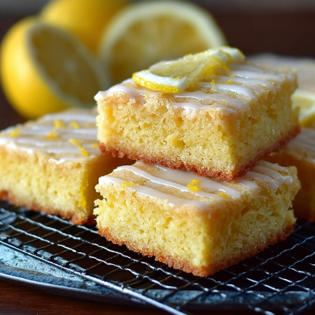 Lemon brownies cut into squares, topped with glaze and a slice of lemon, stacked on a cooling rack with fresh lemons in the background.