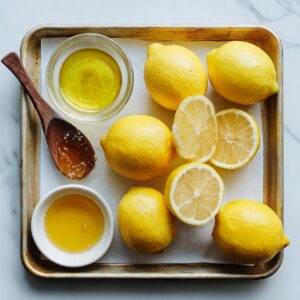 Whole and halved fresh lemons on a tray, alongside bowls of melted butter, lemon juice, and sugar.