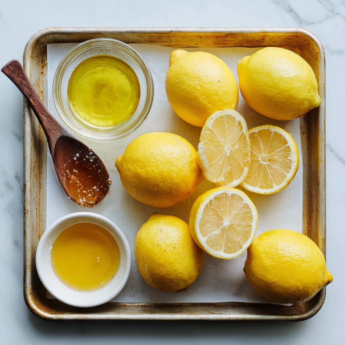 Whole and halved fresh lemons on a tray, alongside bowls of melted butter, lemon juice, and sugar.