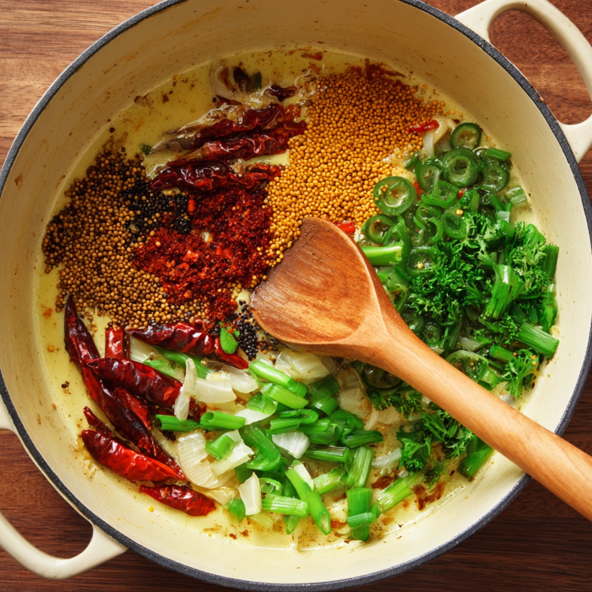 A large skillet with dry spices (mustard seeds, dried red chilies, chili powder) along with onions and fresh green herbs.
