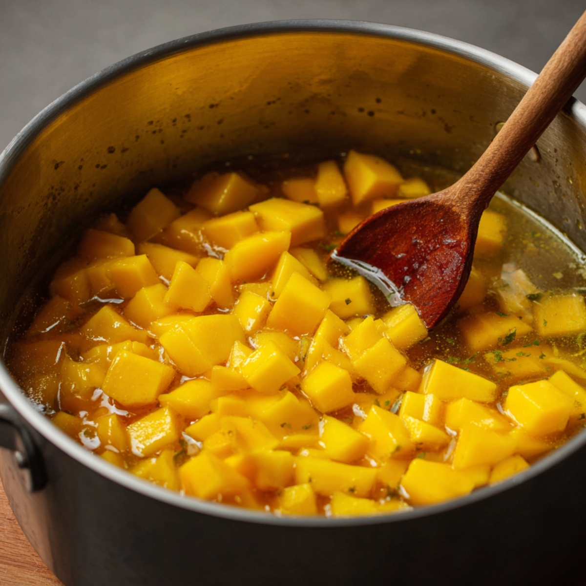 A pot with yellow mango cubes simmering in liquid, stirred with a wooden spoon.