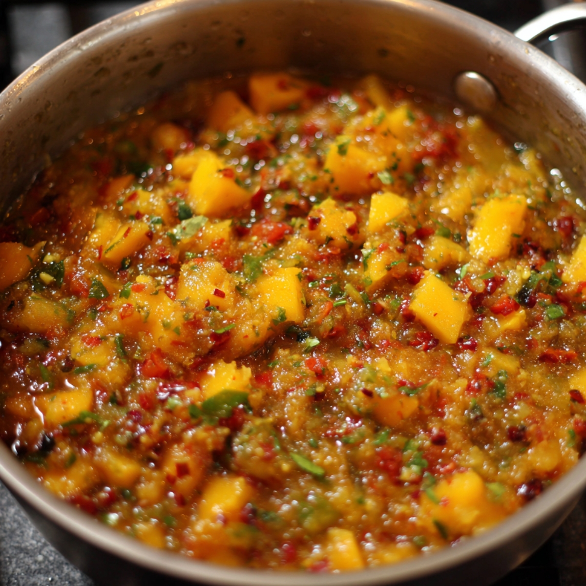 A metal pot filled with cooked chutney made of mango chunks, spices, and chopped herbs.