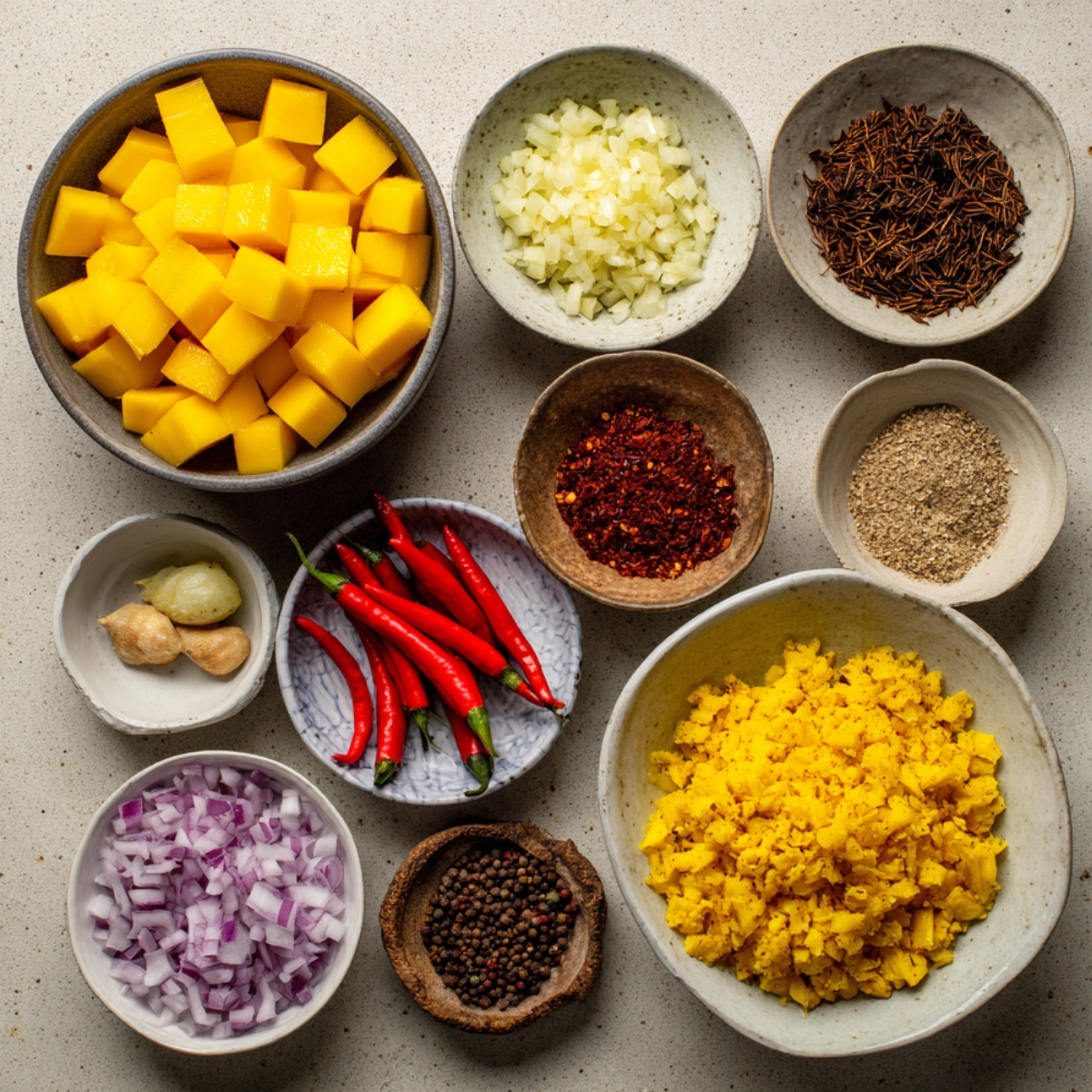 Small bowls containing prepped ingredients: diced mango, chopped onion, garlic, red chilies, ginger, and ground spices.