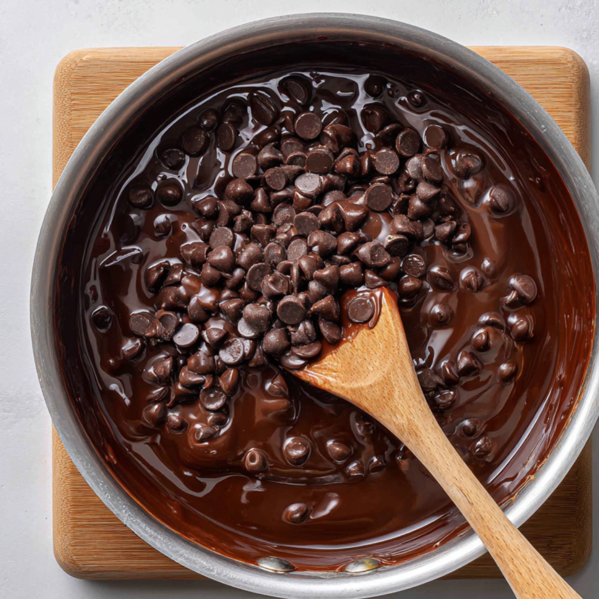 Melting chocolate in saucepan – A saucepan filled with melting chocolate and chocolate chips, being stirred with a wooden spoon.