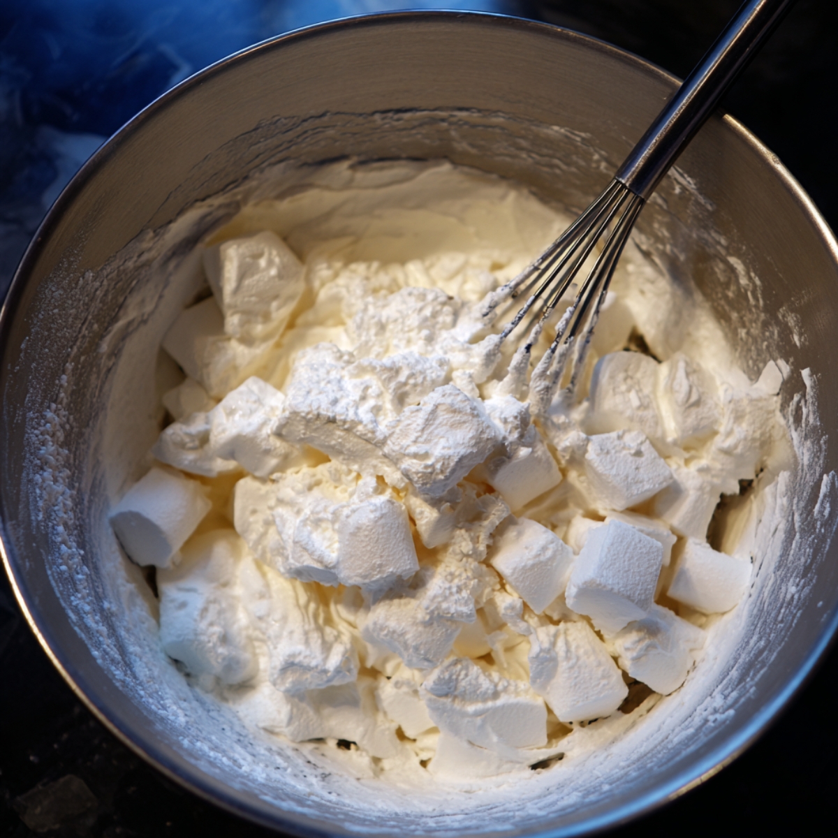 Marshmallows in powdered sugar – A metal mixing bowl with chunks of marshmallow coated in powdered sugar, with a whisk resting inside.