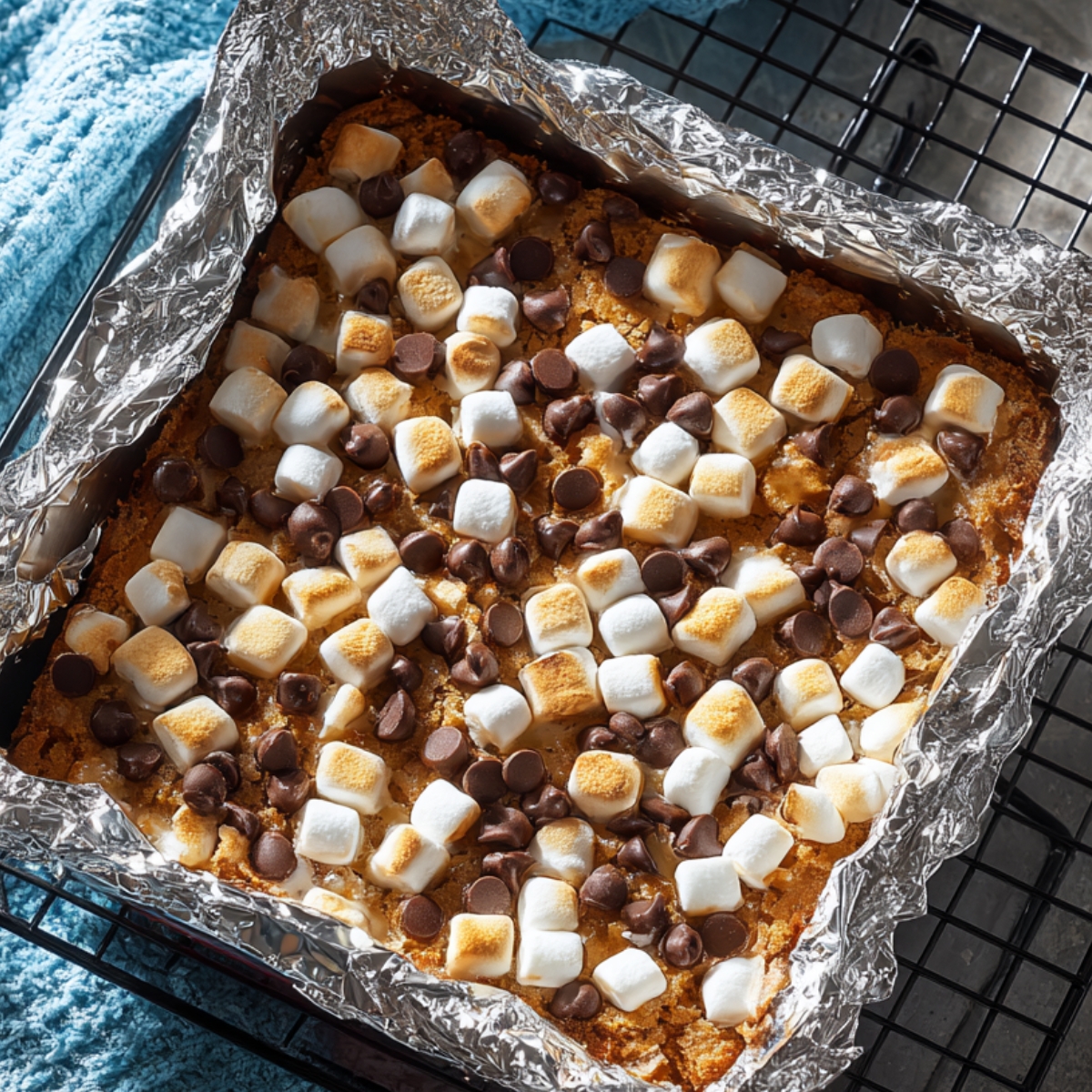 Baking dish with marshmallows and chocolate chips – A square pan lined with foil, filled with a baked mixture topped with toasted mini marshmallows and chocolate chips, set on a cooling rack.