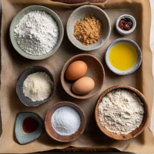 Baking ingredients on tray – A parchment-lined tray holding small bowls of flour, brown sugar, eggs, melted butter, vanilla, and powdered sugar.