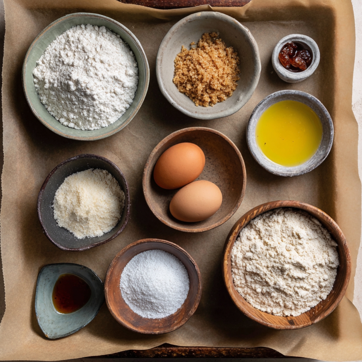 Baking ingredients on tray – A parchment-lined tray holding small bowls of flour, brown sugar, eggs, melted butter, vanilla, and powdered sugar.