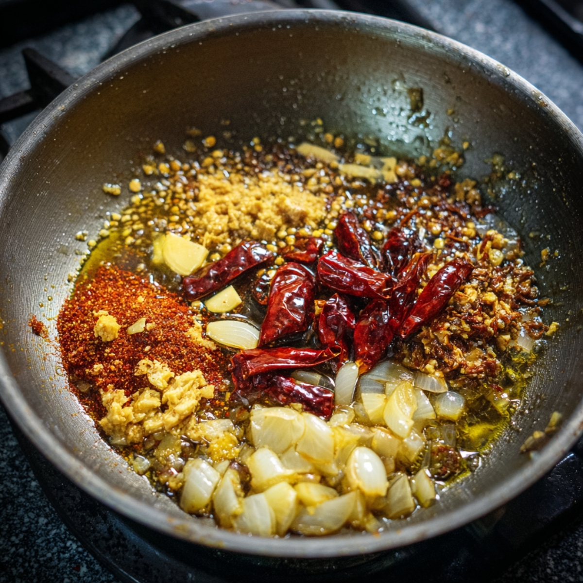 Make the Tempering – A small frying pan with sizzling ghee, dried red chilies, onions, ginger, garlic, and spices cooking together.