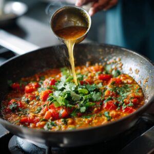 Bring It Together – A pan of cooked tomatoes, herbs, and spices with hot liquid being poured in from a ladle.