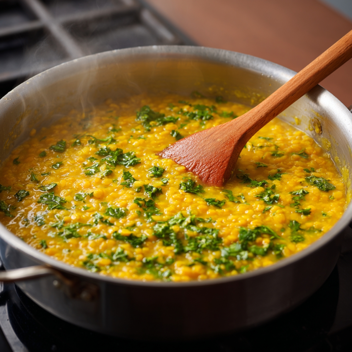 Cook the Dal – A pot of simmering yellow lentils (dal) with chopped green herbs on top, being stirred with a wooden spoon.