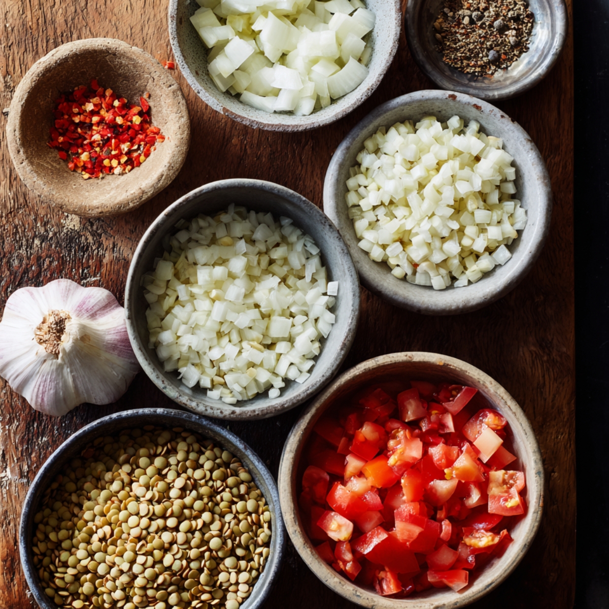 Prep Work – A wooden board with bowls of chopped onions, diced tomatoes, lentils, crushed chili, whole garlic, and spices arranged neatly.