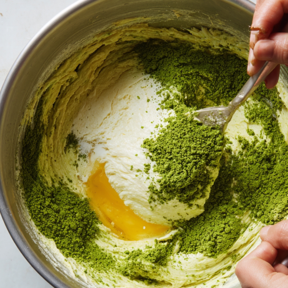 A hand stirs green matcha powder into a creamy butter mixture in a metal mixing bowl, preparing the dough for matcha cookies.