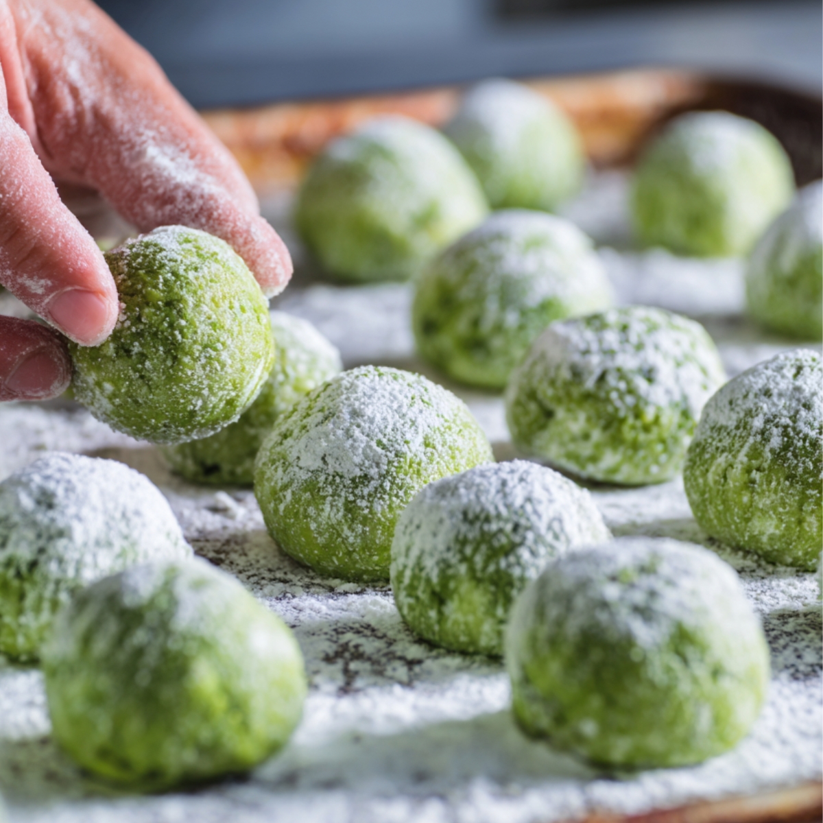 Close-up of hands shaping matcha cookie dough into small balls and rolling them in powdered sugar before baking.