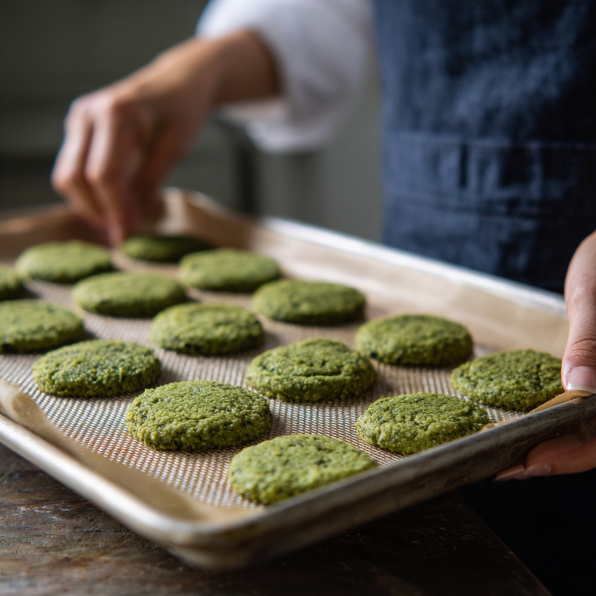 A baker places freshly shaped green matcha cookie dough onto a lined baking sheet, preparing them for baking.
