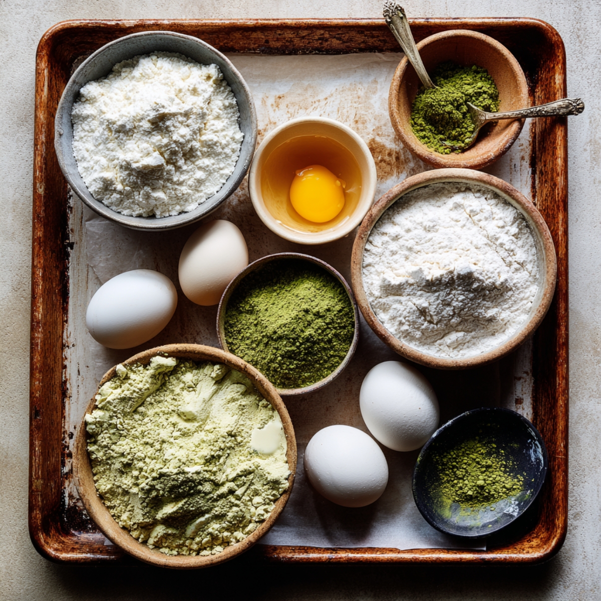 An image of butter and eggs at room temperature, prepared for baking matcha cookies in a bright kitchen setting.