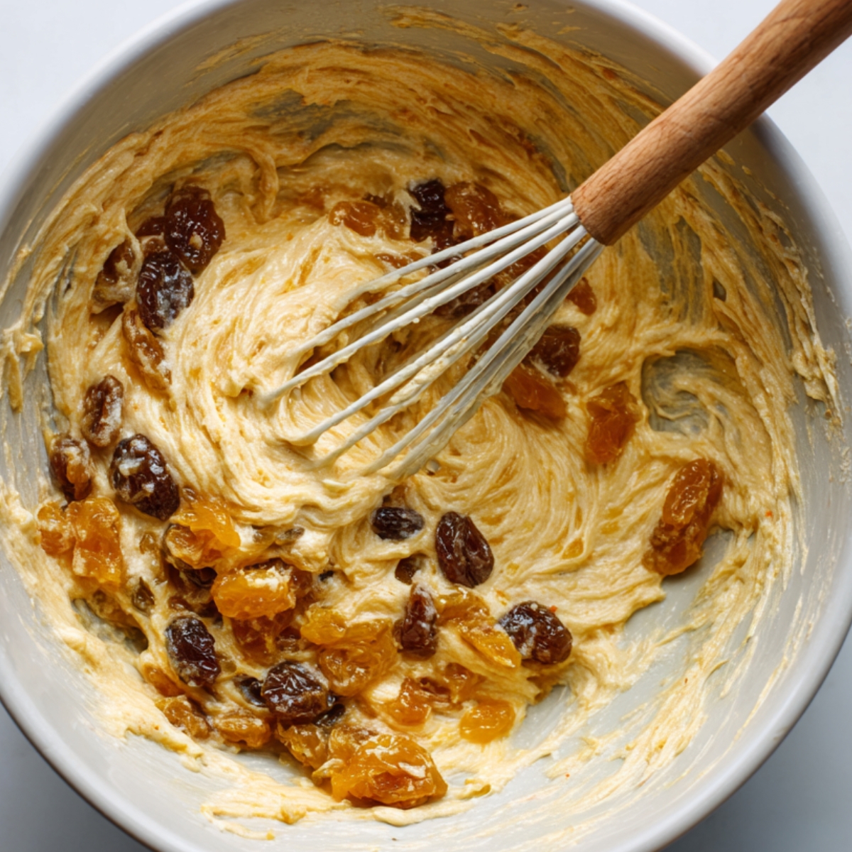 Mixing the Batter: A bowl of cake batter being whisked, with soaked raisins and dried fruits folded in.