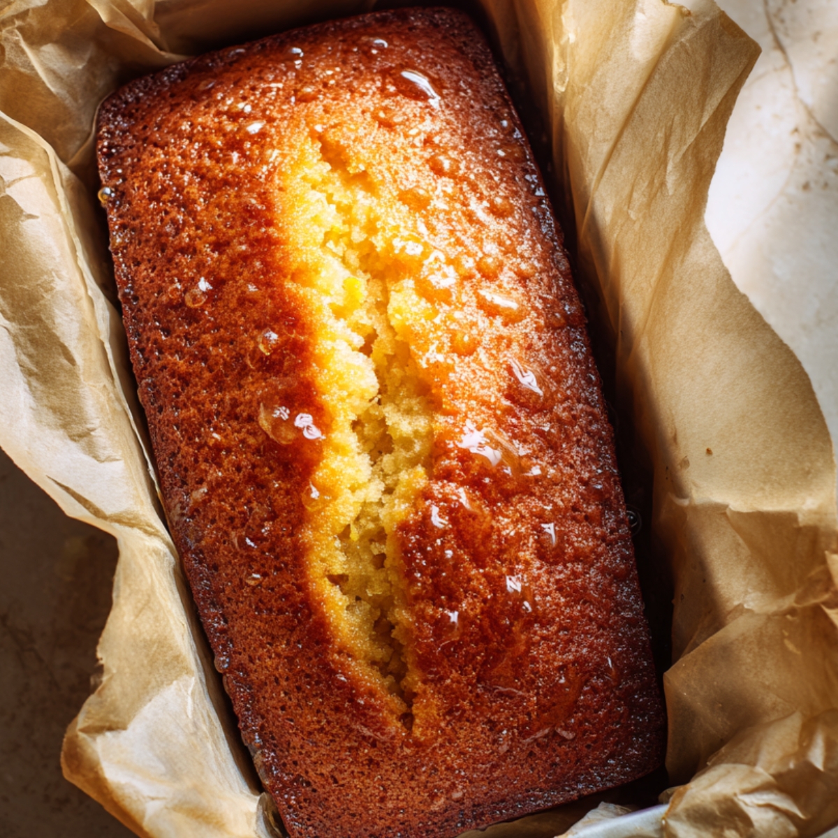 Freshly Baked Loaf Cake: A golden loaf cake cooling in parchment paper, glistening on top with syrup or glaze.