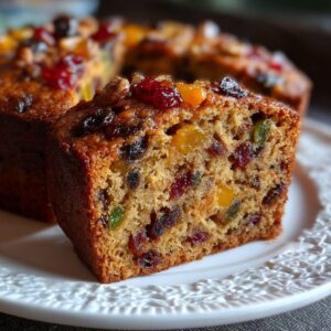 Finished Fruitcake Slice: A close-up of a moist fruitcake slice showing colorful dried fruits and nuts inside, topped with candied fruit pieces.