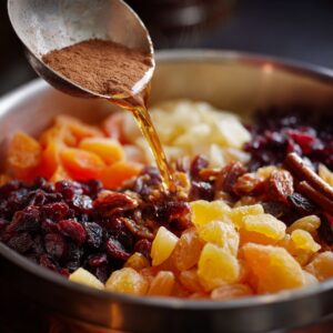 Fruit Soaking Step: A variety of dried fruits in a bowl as warm spiced rum is poured over them.