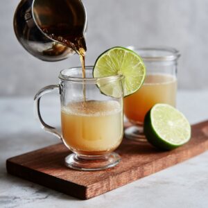 Pouring ginger beer into clear glass mugs with lime wedges, placed on a wooden board with halved limes.