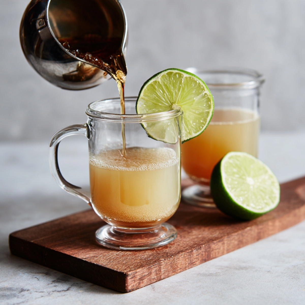 Pouring ginger beer into clear glass mugs with lime wedges, placed on a wooden board with halved limes.