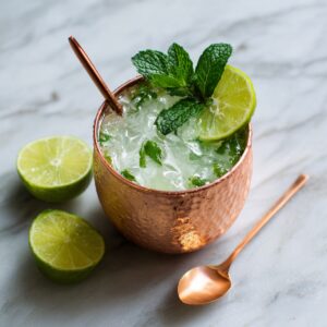 Moscow Mule in a copper mug with crushed ice, mint sprigs, and a lime wedge garnish, served with a copper spoon.