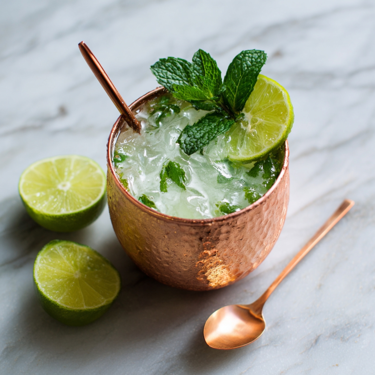Moscow Mule in a copper mug with crushed ice, mint sprigs, and a lime wedge garnish, served with a copper spoon.