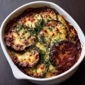 Healthy Moussaka Recipe 22 A baked casserole topped with golden melted cheese and slices of eggplant, sprinkled with chopped parsley, in a white oven dish.
