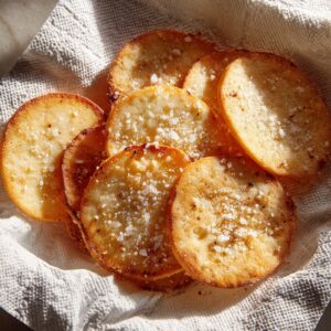 Healthy Moussaka Recipe 19 Crispy golden potato rounds sprinkled with coarse salt, served on an absorbent paper towel.
